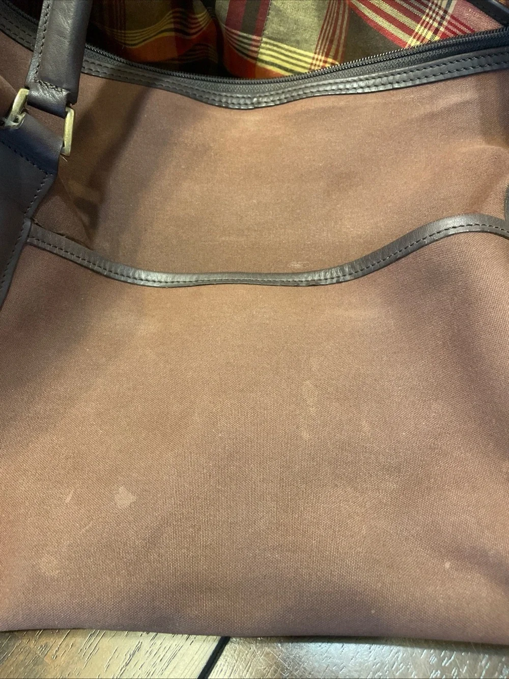 Vintage Canvas And Leather Hartmann Duffle Bag Plaid Lined Interior Approx. 22”